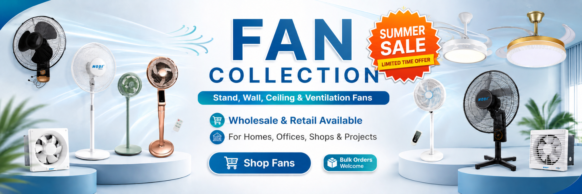 Fan collection in UAE including stand fans, wall fans, ceiling fans and ventilation fans for wholesale and retail